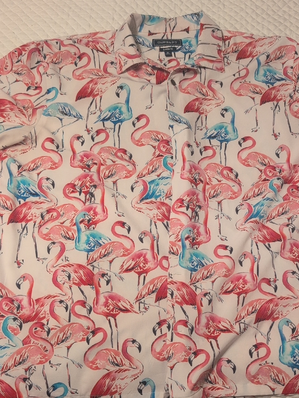 crown & ivy Flamingo Print Button-Up Shirt - Pink & Blue on Cream